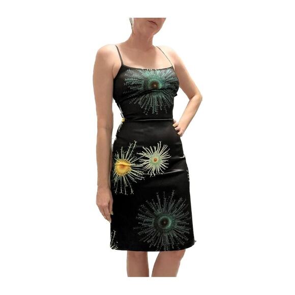 Moschino Y2K 90s Satin Scoop Back Printed BodyCon Spaghetti Strap Dress Black 6 - Picture 2 of 14